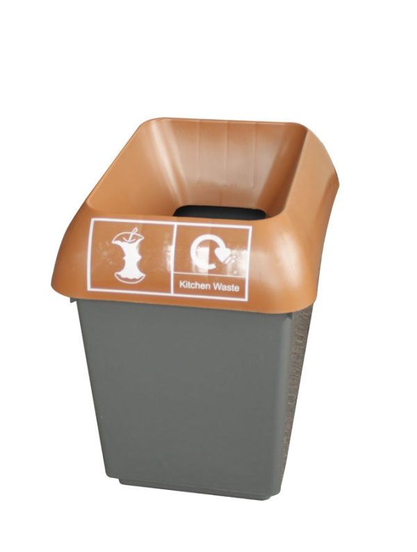 dark grey plastic office recycling bin with brown top and kitchen waste label