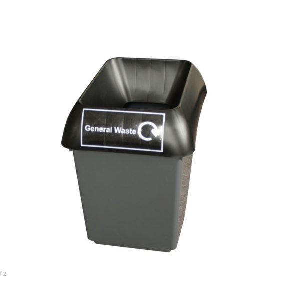 office recycling bin grey plastic with black lid and General waste label