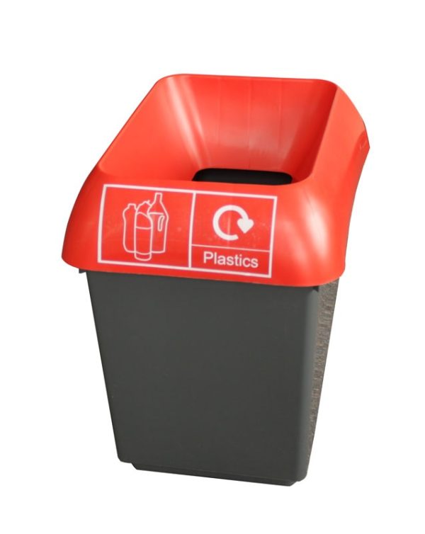 office recycling bin grey plastic with red lid and Plastics label