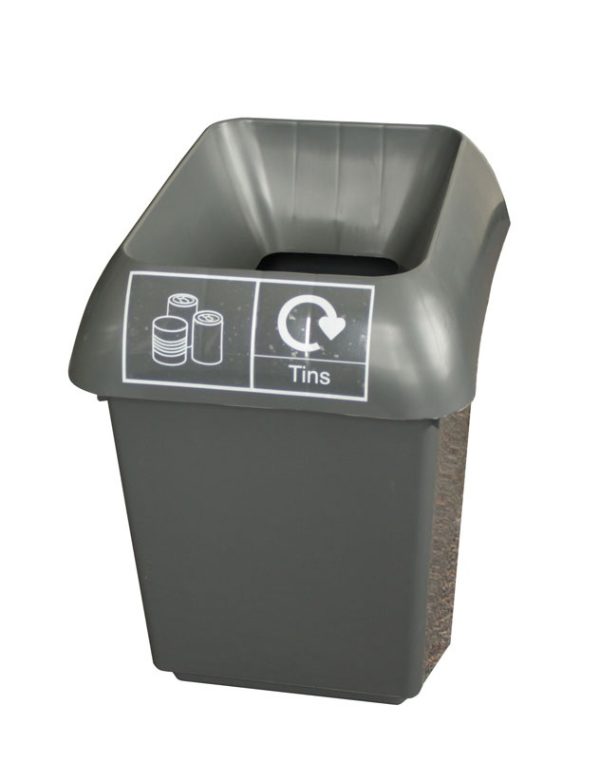 office recycling bin grey plastic with black top with tins label