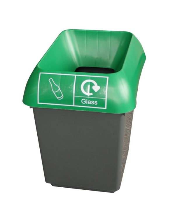 office recycling bin grey plastic with green top and glass recycling label