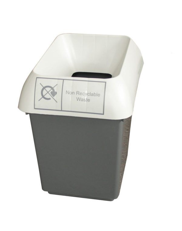 office recycling bin plastic with white top with non recyclable waste label