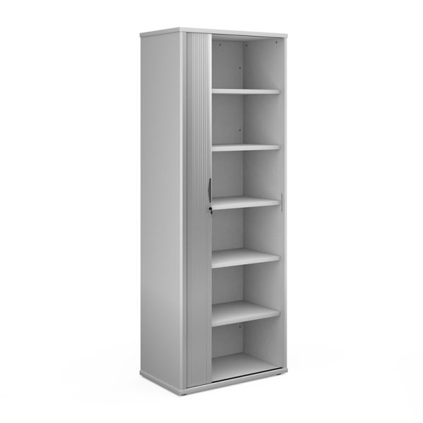 office tambour door cupboard with white carcass and silver tambour door