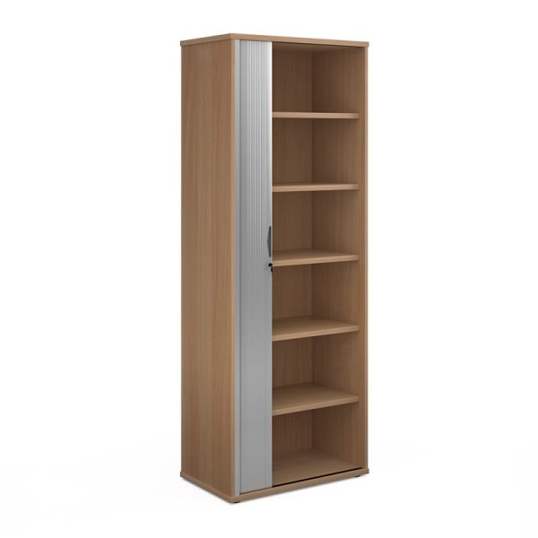 office tambour door cupboard in beech with silver tambour door