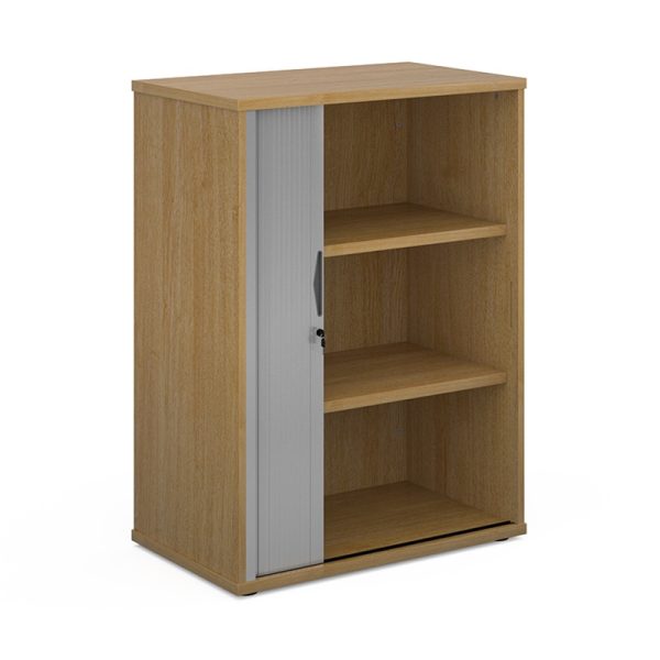 office tambour cupboard in oak finish with silver tambour door