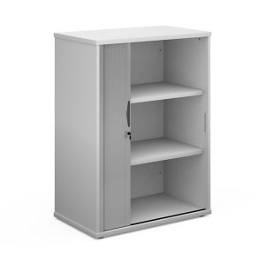 office tambour door cupboard in white with silver tambour door