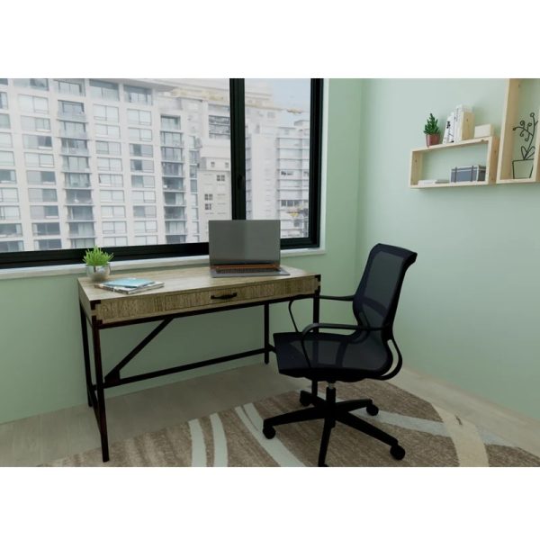 console style boutique desk in room shot in home office with office chair. green walls and view out of window