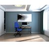 console style home office desk in dark oak in room shot with home office desk and blue fabric office chair