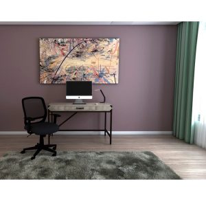 console style home office desk in dark oak finish in room shot with office chair