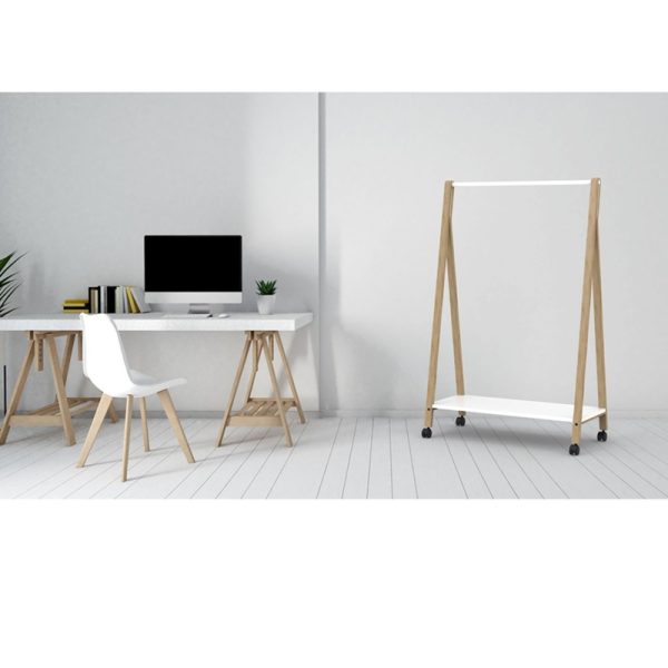 contemporary coat rail in white and wood finish in room shot with office desk and office chair