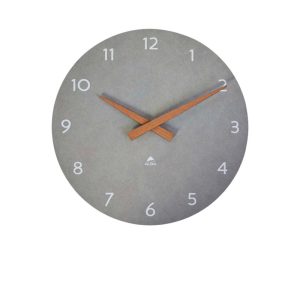 contemporary grey clock with wood hands and white numerals