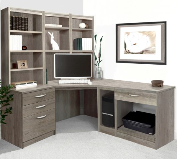 Grey Home office furniture set up grey with desk, shelving cpu space and more