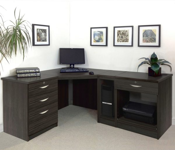 home office furniture black. Includes corner desk with filing drawer and shelf for CPU and printer