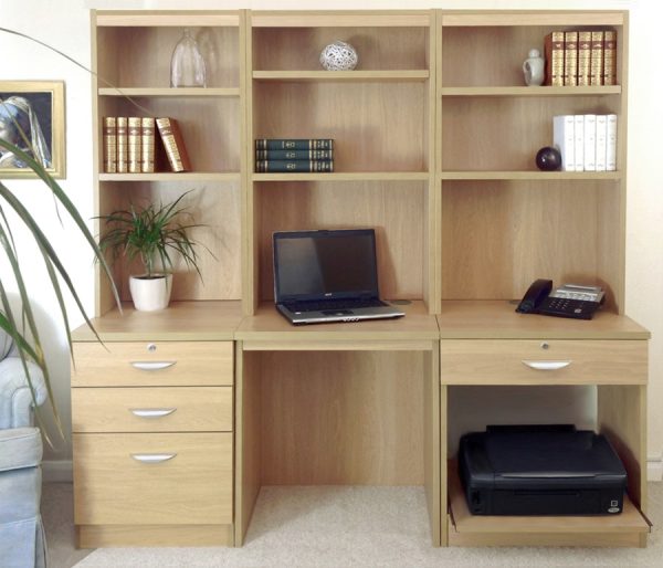 home office furniture in oak finish with desk, filing drawer and hutch office shelving