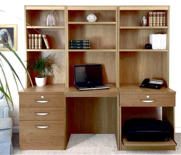 home office furniture in English oak finsh with desk, file drawer unit and office shelving hutch