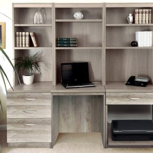 home office furniture in grey finish with office desk and filing drawer. Includes hutch shelving