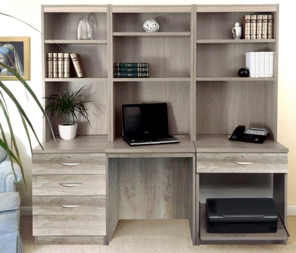 home office furniture in grey finish with office desk and filing drawer. Includes hutch shelving