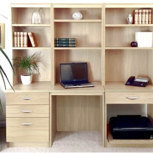 home office furniture in sandstone finish. Desk, drawer unit with foolscap filing and hutch shelving