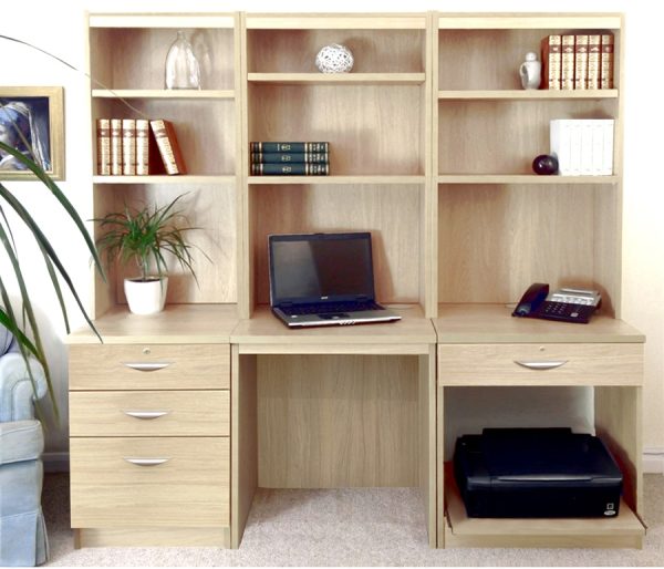 home office furniture in sandstone finish. Desk, drawer unit with foolscap filing and hutch shelving