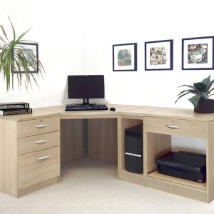 home office corner desk in sandstone finish with drawers and Printer and CPU shelf