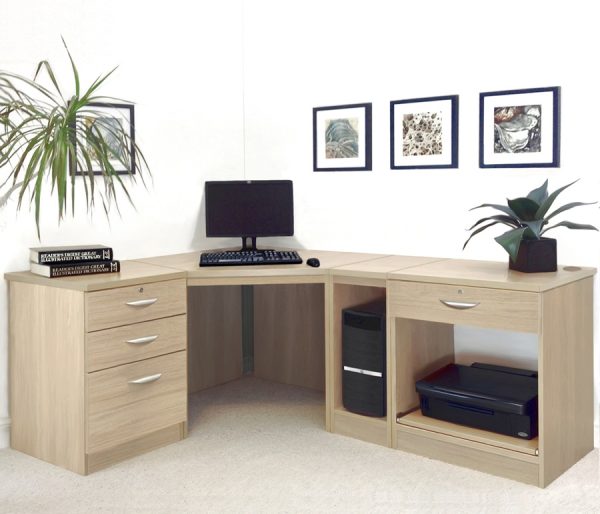 home office corner desk in sandstone finish with drawers and Printer and CPU shelf