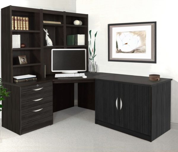 home office furniture with corner desk, office cupboard, office drawers with file drawer and shelving hutch