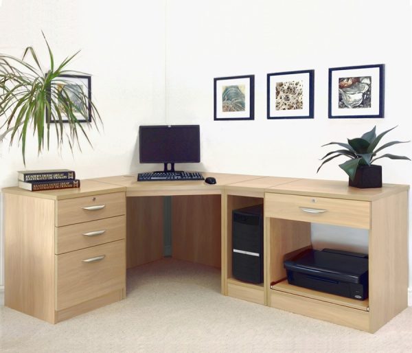 home office furniture in classic oak. Includes corner desk and drawer unit and printer and CPU shelf