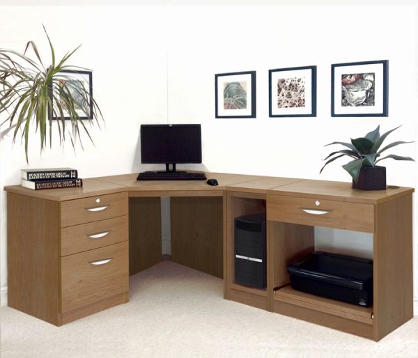 home office furniture in oak finish. corner desk with drawer unit and shelf for printer and cpu