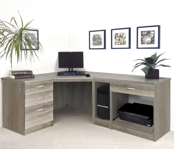 home office furniture in grey finish with corner desk, filing drawer and shelves for cpu and printer