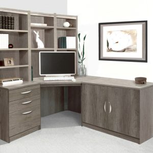 home office furniture grey with corner desk, office cupboard, drawers and shelving hutch