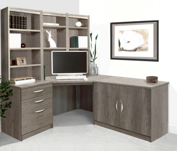 home office furniture grey with corner desk, office cupboard, drawers and shelving hutch