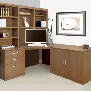 home office furniture in english oak. Includes a corner desk, office cupboard, drawers and shelving hutch