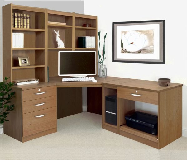 home office furniture english oak with l shaped desk, office shelving and cpu holder