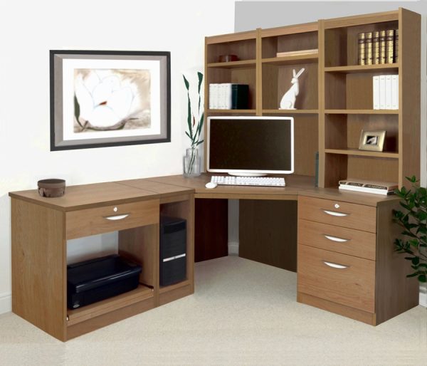 home office furniture in english oak with l shaped desk, office shelving and cpu holder