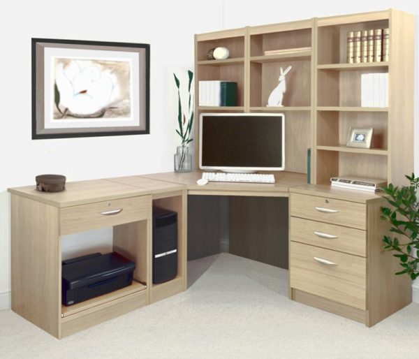 home office furniture set in sandstone finish with l shaped desk and office shelving and CPU holder