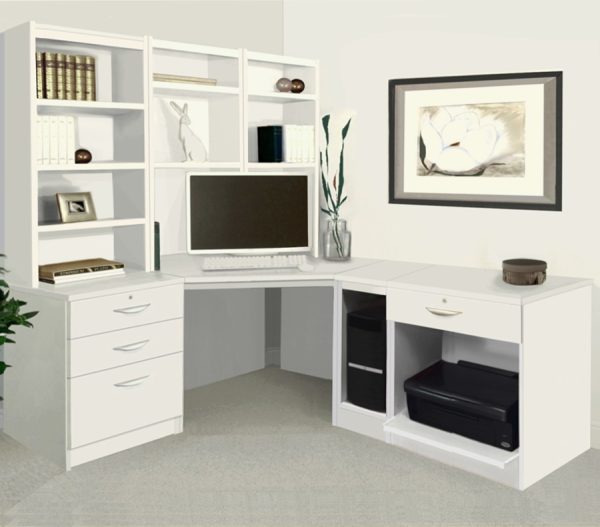 home office furniture set in white with l shaped desk , office shelving and CPU holder