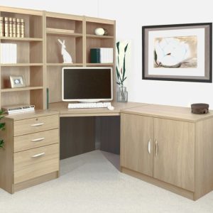 home office furniture in sandstone finish. with corner desk, office cupboard, drawers and hutch shelving