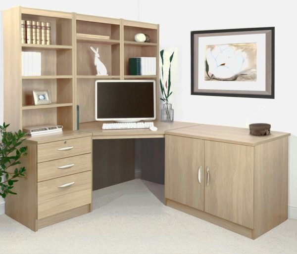 home office furniture in sandstone finish. with corner desk, office cupboard, drawers and hutch shelving