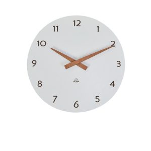 office clock white with wooden hands and black numerals