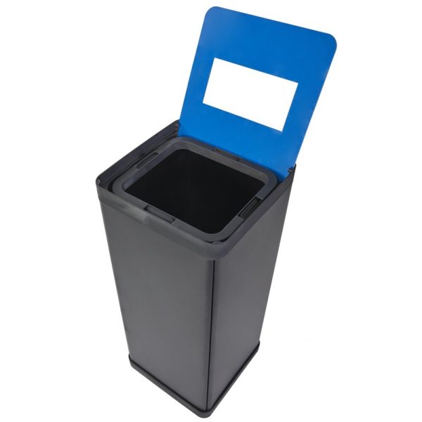 office recycling bin with blue top. Open showing bag ring