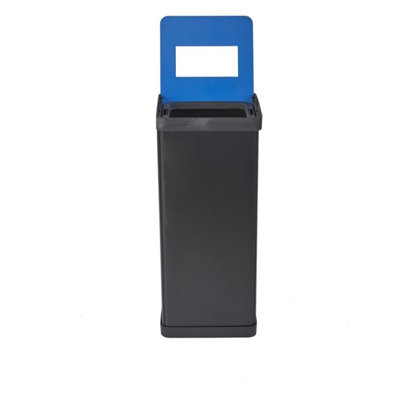 office recycling bin with blue top. open top