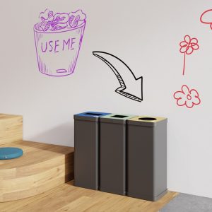 office recycling bins in row of three in room set. yellow top, blue top and green top