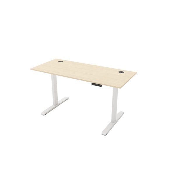 sit stand desk with maple desk top and white frame