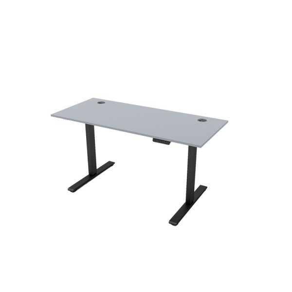 sit stand desk grey desk top and black frame