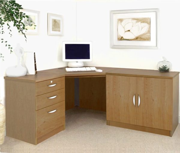 home office corner desk in oak with pedestal drawer unit and office cupboard