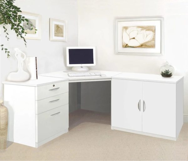 home office corner desk white with storage cupboard and pedestal drawers