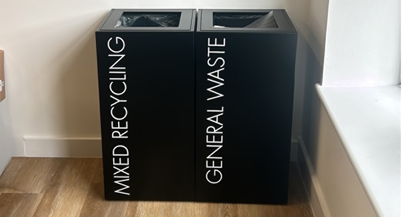 office recycling bin black with white lettering General Waste and Mixed Recycling