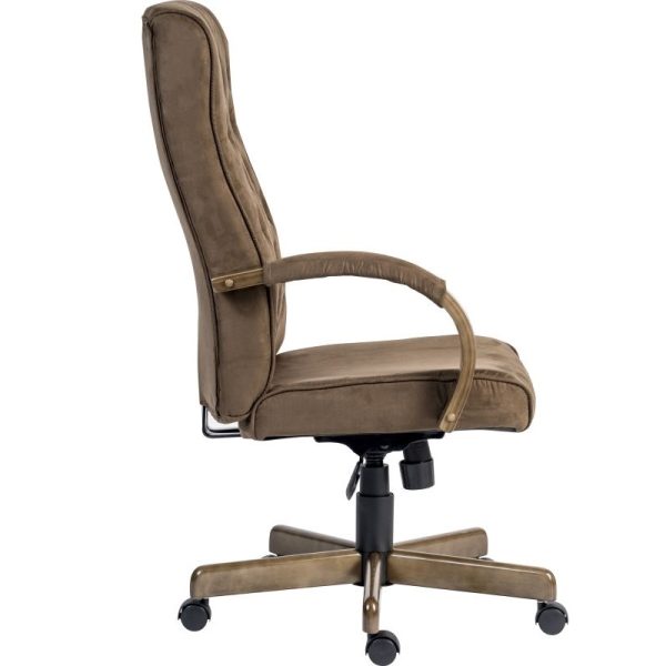 brown suede office chair with driftwood frame side view