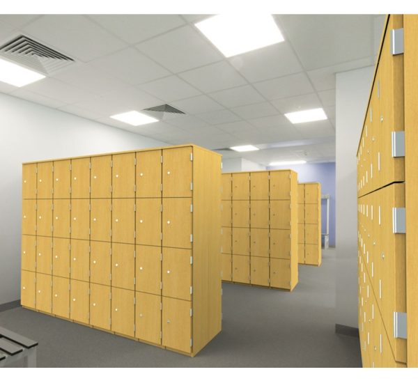 london lockers 4 compartments high in beech in locker room roomshot