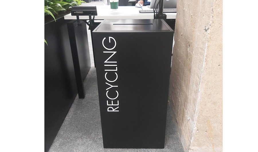 metal office recycling bin black with white writing Recycling